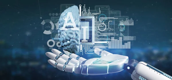Widok Ręki Cyborga Trzymającej Ikonę Sztucznej Inteligencji Półmózgiem Półobwodem Renderowania — Zdjęcie stockowe