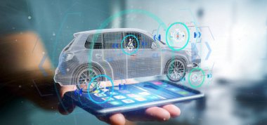 Checkings 3d render ile bir Smartcar tutan bir adam görünümü