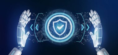 Bir teknoloji güvenlik simgesi üzerinde bir daire 3d render tutan bir Cyborg el görünümünü