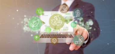 Yeşil ekoloji simgesi Bubble dizüstü 3d render ile bir bulut tutan bir işadamı görünümünü