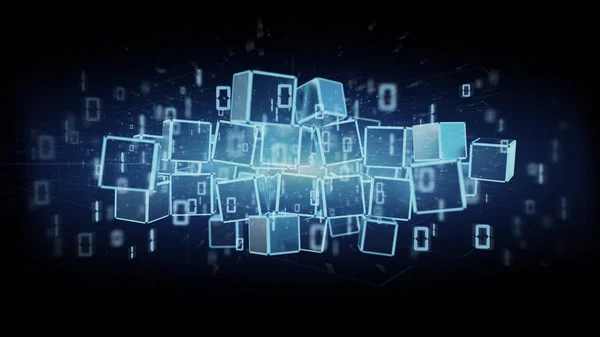 View of a Cloud of blockchain cube and binary data 3d rendering