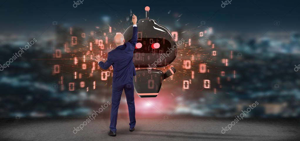 View of Businessman in front of a wall with Virus chatbot with binary code 3d rendering