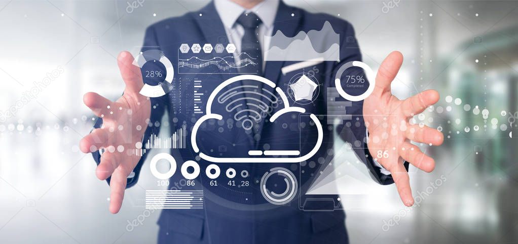 View of Businessman holding Cloud and wifi concept with icon, stats and data 3d rendering