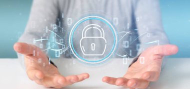 Güvenlik asma kilit tekerlek simgesi ile durum ve ikili kod 3d render tutan işadamı görünümünü