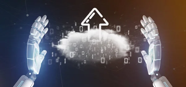 Vista Cyborg Sosteniendo Una Nube Binaria Con Carga Flecha Internet —  Fotos de Stock