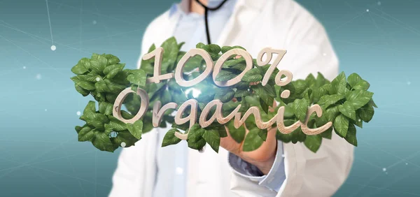 View of a Doctor holding a Wooden logo 100 % organic with leaves around 3d rendering