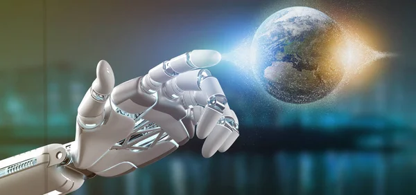 View Cyborg Hand Holding Earth Globle Particles Rendering — Stock Photo, Image