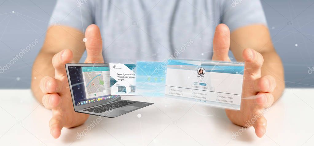 View of a Businessman holding a Website application going out a laptop screen 3d rendering