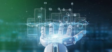 Kullanıcı arabirimi ekranlarını simgesi, istatistikleri ve veri 3d render ile tutan Cyborg el görünümünü