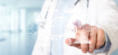 Doktor bulut ve wifi kavramı simge, İstatistiklerimiz ve verilerimiz 3d render ile tutarak görünümünü