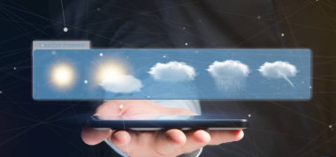 Bir hava tahmini widget 3d render tutan bir işadamı görünümünü