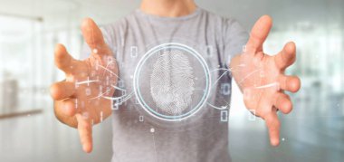 Bir dijital parmak izi tanımlama ve ikili kod 3d render tutan bir işadamı görünümünü