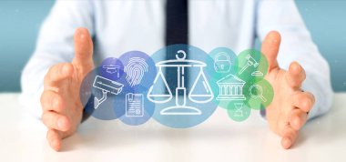 Adalet ve hukuk simgesi kabarcık veri 3d render ile bir bulutu tutan işadamı görünümünü