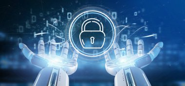 Güvenlik asma kilit tekerlek simgesi ile durum ve ikili kod 3d render tutan Cyborg görünümünü