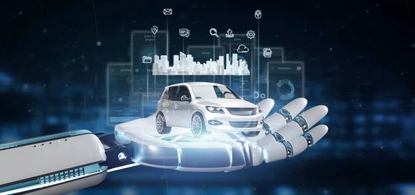 Zobacz Cyborg Dłoni Trzymając Interfejs Dashboard Smartcar Ikony Multimedialne Mapa — Zdjęcie stockowe