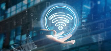 Wifi simgesi ile durum ve ikili kod 3d render tutan işadamı görünümünü