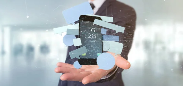 View of a Businessman holding a Messages bubbles surrounding a smartphone 3d rendering