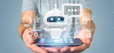 İkili kod, ileti ve veri 3d rendering ile sohbet etmek tutan işadamı görünümünü