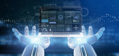 Cyborg el Laptop ekranında bir arka plan üzerinde izole iş kullanıcı arabirimi verileri ile tutarak görünümünü