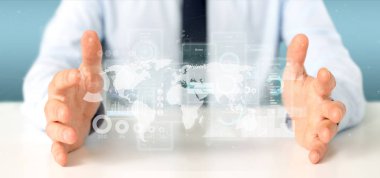 Kullanıcı arabirimi ekranlarını simgesi, İstatistiklerimiz ve verilerimiz 3d render ile tutan işadamı görünümünü