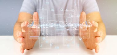 Kullanıcı arabirimi ekranlarını simgesi, İstatistiklerimiz ve verilerimiz 3d render ile tutan işadamı görünümünü