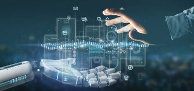 Kullanıcı arabirimi ekranlarını simgesi, istatistikleri ve veri 3d render ile tutan Cyborg el görünümünü