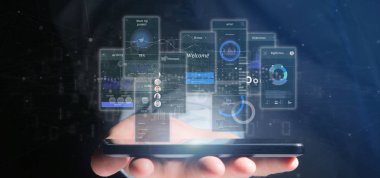 Kullanıcı arabirimi ekranlarını simgesi, İstatistiklerimiz ve verilerimiz 3d render ile tutan işadamı görünümünü