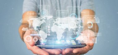 Kullanıcı arabirimi ekranlarını simgesi, İstatistiklerimiz ve verilerimiz 3d render ile tutan işadamı görünümünü