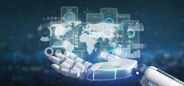 Kullanıcı arabirimi ekranlarını simgesi, istatistikleri ve veri 3d render ile tutan Cyborg el görünümünü