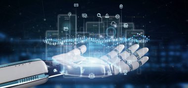 Kullanıcı arabirimi ekranlarını simgesi, istatistikleri ve veri 3d render ile tutan Cyborg el görünümünü