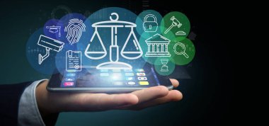 Adalet ve hukuk simgesi kabarcık veri 3d render ile bir bulutu tutan işadamı görünümünü