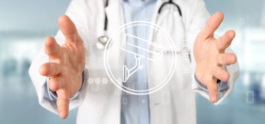 Bir güvenlik kamera sistemi simgesi ve istatistik verileri - 3d render tutan Doktor görünümünü