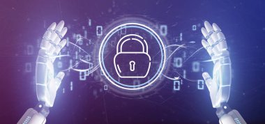 Güvenlik asma kilit tekerlek simgesi ile durum ve ikili kod 3d render tutan Cyborg görünümünü