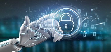 Güvenlik asma kilit tekerlek simgesi ile durum ve ikili kod 3d render tutan Cyborg görünümünü