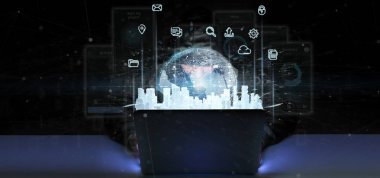 Hacker adam akıllı şehir Kullanıcı arabirimi simgesini, istatistikleri ve veri 3d render ile tutarak görünümünü