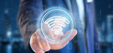 Wifi simgesi ile durum ve ikili kod 3d render tutan işadamı görünümünü