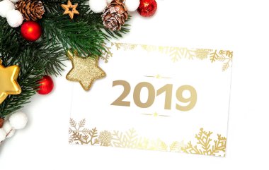 Görünümü ile dekorasyon zemin üzerine 2019 Yılbaşı tatil tebrik kartı