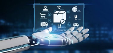 Lojistik dağıtım uygulaması 3D görüntüleme ekranı tutan bir Cyborg el görüntüsü
