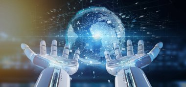 Bir bağlantı bir dünya küre 3d render etrafında tutan bir Cyborg el görünümünü