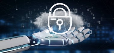 İkili bir bulut ile Internet security asma kilit 3d render tutan bir Cyborg görünümünü