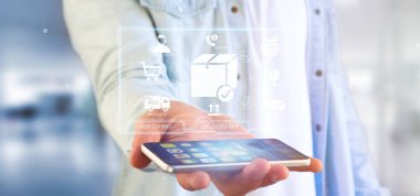 Bir lojistik teslim uygulama ekran 3d render tutan bir işadamı görünümünü