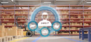 Bir ambar arka plan 3d render bir müşteri hizmeti kavramının görünüm