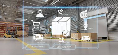 Bir ambar arka planda 3d render lojistik teslimat hizmeti uygulamasının görünümü