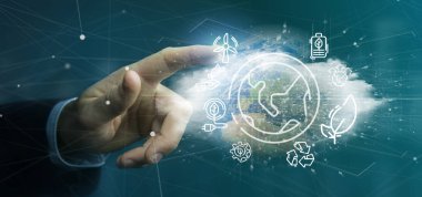 Ekoloji simgeler ve bağlantı 3d render tarafından dünya küre surronding tutan bir işadamı görünümünü