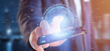 Bir akıllı telefon üzerinde veri earth dünya oluşturma 3d tutan bir işadamı görünümünü 