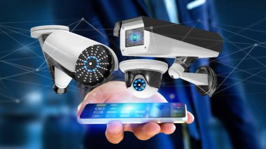 Bir işadamı bir smartphone güvenlik kamera sistemi ve ağ ile bağlantı - 3d render kullanarak görünümünü