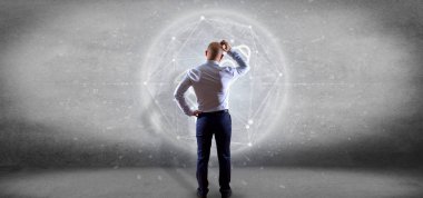 Bir iş adamı roket bir küre 3d render üzerinde bir başlangıç önünde görünümünü