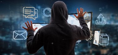 Bir adam bir aygıtlar kesmek görünümünü bulut multimedya ağa 3d işleme bağlı