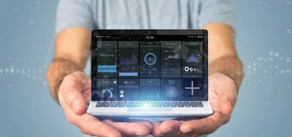Ekrandaki Bir Arka Plan Üzerinde Izole Kullanıcı Arabirimi Verileriyle Laptop — Stok fotoğraf