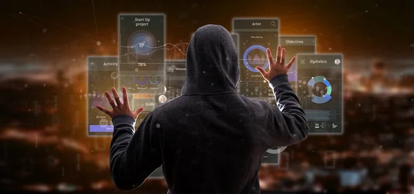 View of Hacker man holding User interface screens with icon, stats and data 3d rendering